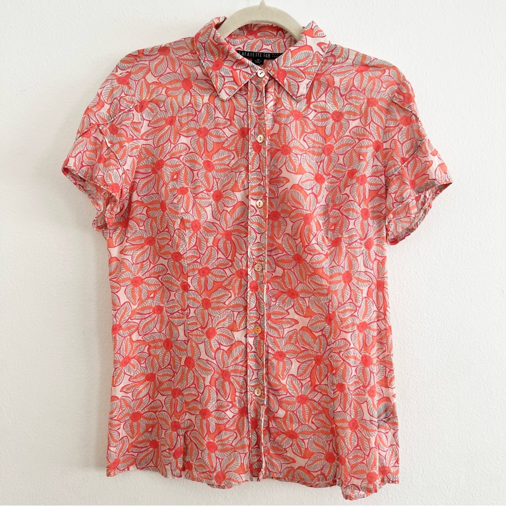 LAFAYETTE 148 Short Sleeve Cotton Button Down Blouse, Coral Flower Print, Medium